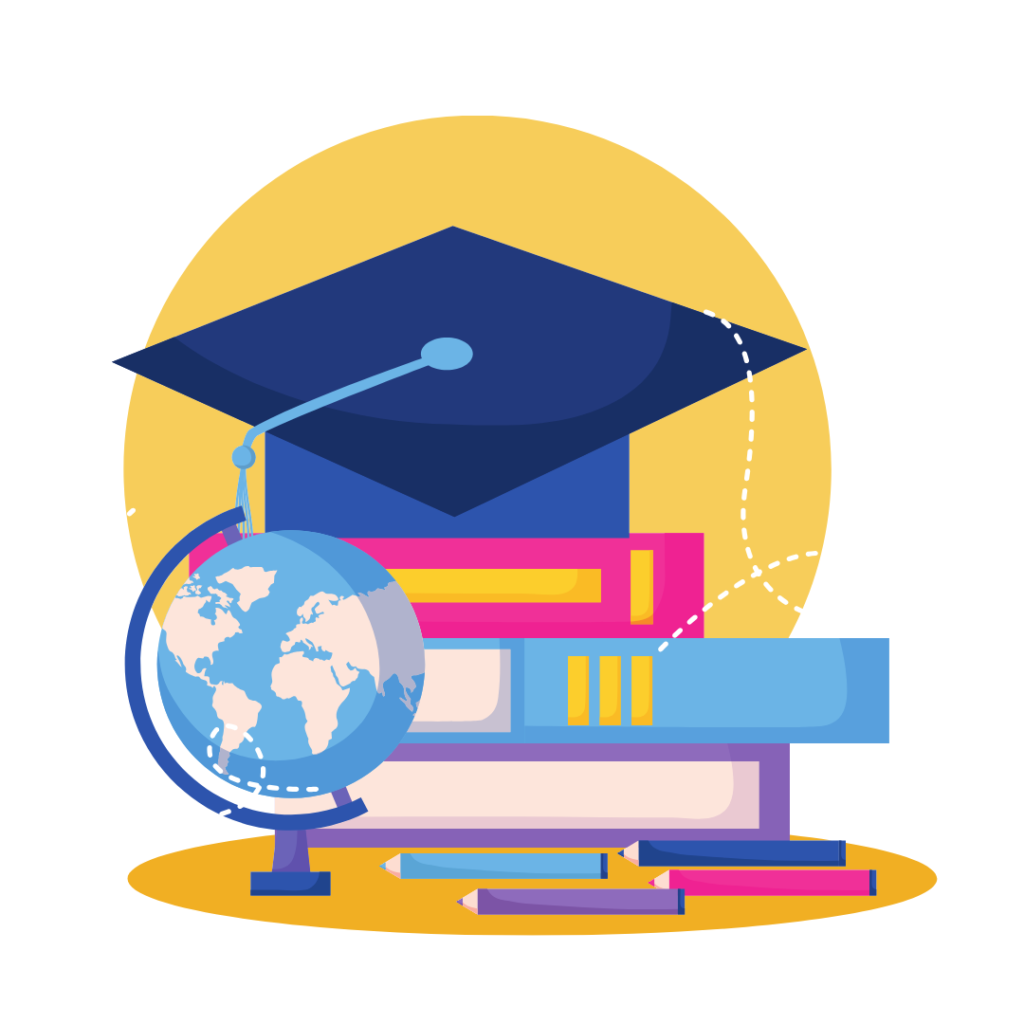 a graduation cap and globe on top of books